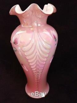 11 Fenton DUSTY ROSE CARNIVAL Overlay Feather Hand Painted Pink Roses Vase