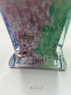 13 Murano Art Glass Vase Square Base Pink Green Blue Spatter Italy Label