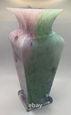 13 Murano Art Glass Vase Square Base Pink Green Blue Spatter Italy Label