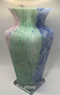 13 Murano Art Glass Vase Square Base Pink Green Blue Spatter Italy Label