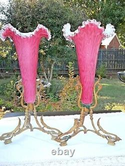 13 Victorian Antique Epergne Trumpet Vases Pink Spangle Glass Brass Ormulo Ft