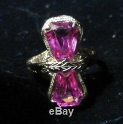 14K ART DECO Filigree White Gold WG Pink Glass Vintage Ring Size 5 1/4