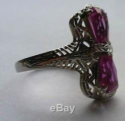 14K ART DECO Filigree White Gold WG Pink Glass Vintage Ring Size 5 1/4