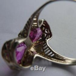 14K ART DECO Filigree White Gold WG Pink Glass Vintage Ring Size 5 1/4