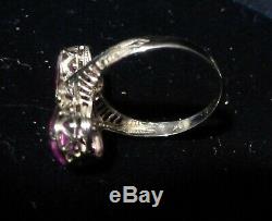 14K ART DECO Filigree White Gold WG Pink Glass Vintage Ring Size 5 1/4