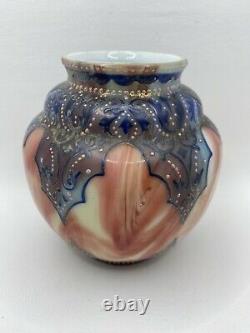 1890s Loetz Carneol Red Pink White Marbled Glass Blue Gold Painted Guilded Vase