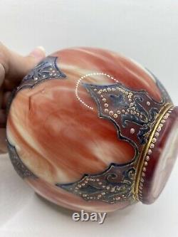 1890s Loetz Carneol Red Pink White Marbled Glass Blue Gold Painted Guilded Vase
