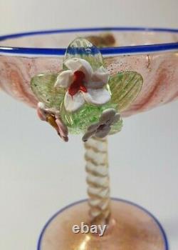 1890s Rare Antonio Salviati 24k Gold Glass Champagne Wine Glass Applied Flowers