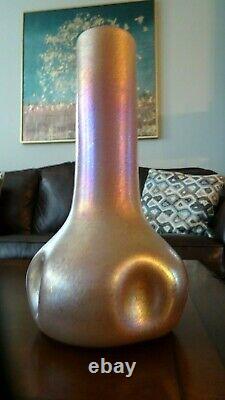 1910 Large KRALIK Art Glass Bohemian Pink Cased GOLD GLATT SILBERIRIS PINCH VASE