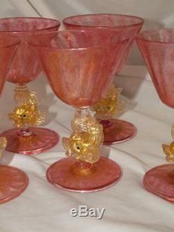 1920's Salviati Venetian Murano Glass DOLPHIN FISH Pink Gold Dust Cocktail Stem