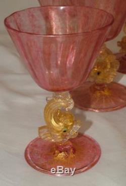 1920's Salviati Venetian Murano Glass DOLPHIN FISH Pink Gold Dust Cocktail Stem