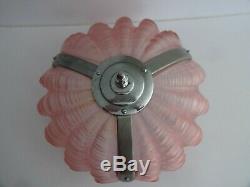 1930 Art Deco Chrome Pink Glass Odeon Style Clam Shell Ceiling Light Shade