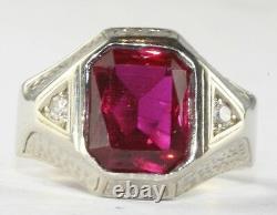 1930's Art Deco Mens Hand Wrought Hammered 14k Gold Diamond Red Pinky Ring Sz 6