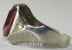 1930's Art Deco Mens Hand Wrought Hammered 14k Gold Diamond Red Pinky Ring Sz 6