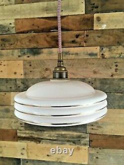 1930's Art Deco Pink Gold Stripes Odeon Ufo Ceiling Glass Light Shade Flycatcher