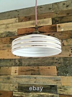 1930's Art Deco Pink Gold Stripes Odeon Ufo Ceiling Glass Light Shade Flycatcher