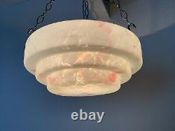 1930's Art Deco Stepped Glass Plafonnier Ceiling Light With Pink Marbling