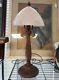 1930's French Art Deco Pink Frosted Glass Mushroom Shade Copper Base Table Lamp