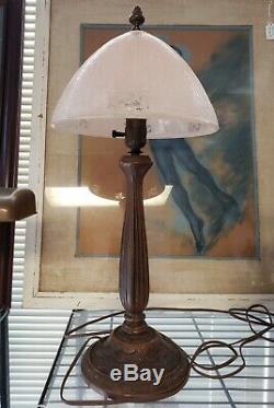 1930's French Art Deco Pink Frosted Glass Mushroom Shade Copper Base Table Lamp