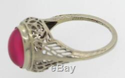 1930s Antique Art Deco Estate 20k White Gold Pink Glass Cocktail Ring A8