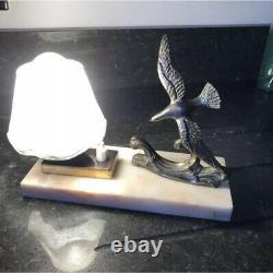 1930s Marble Table Lamp Seagull Statue French Art Deco Pink Glass Light Onyx Old