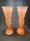1930s Pale Pink Frosted Glass Statue Of Liberty Themed Torch Vases Art Deco x2