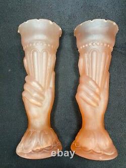 1930s Pale Pink Frosted Glass Statue Of Liberty Themed Torch Vases Art Deco x2