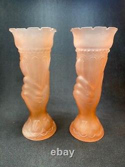 1930s Pale Pink Frosted Glass Statue Of Liberty Themed Torch Vases Art Deco x2