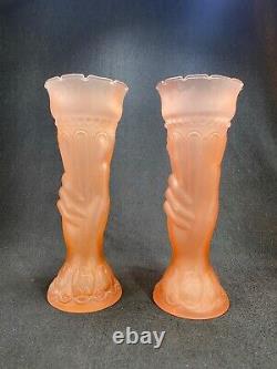 1930s Pale Pink Frosted Glass Statue Of Liberty Themed Torch Vases Art Deco x2