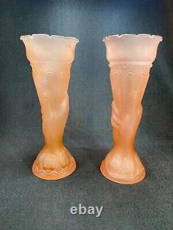 1930s Pale Pink Frosted Glass Statue Of Liberty Themed Torch Vases Art Deco x2