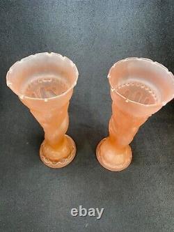 1930s Pale Pink Frosted Glass Statue Of Liberty Themed Torch Vases Art Deco x2