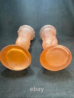 1930s Pale Pink Frosted Glass Statue Of Liberty Themed Torch Vases Art Deco x2