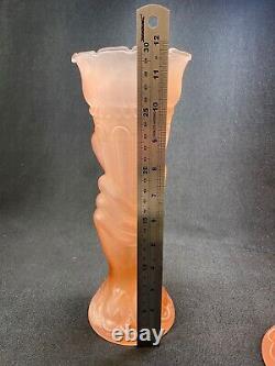 1930s Pale Pink Frosted Glass Statue Of Liberty Themed Torch Vases Art Deco x2