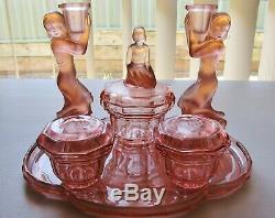 1930s VINTAGE ART DECO LADY'S PINK DEPRESSION GLASS DRESSING TABLEVANITY SET