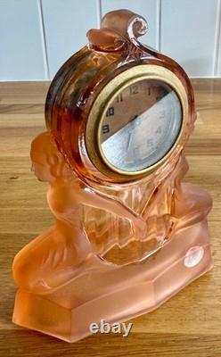 1930s pressed-glass rose-pink Art Deco clock