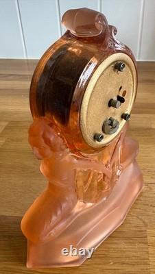 1930s pressed-glass rose-pink Art Deco clock
