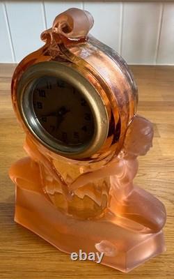 1930s pressed-glass rose-pink Art Deco clock