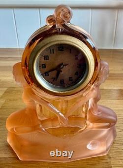 1930s pressed-glass rose-pink Art Deco clock