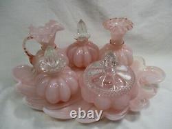 1940 Vintage Fenton Peach Pink Melon Vanity Set, Vase, Pitcher, Perfume and TRAY