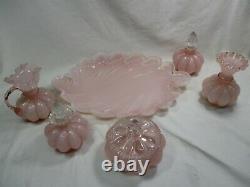 1940 Vintage Fenton Peach Pink Melon Vanity Set, Vase, Pitcher, Perfume and TRAY