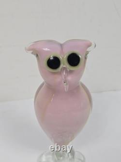 1950's Murano Hand Blown Art Glass OWL Figurine Pink w Gold Specks Green Eyes 6
