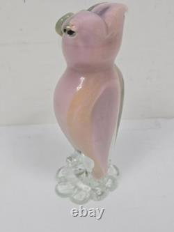 1950's Murano Hand Blown Art Glass OWL Figurine Pink w Gold Specks Green Eyes 6