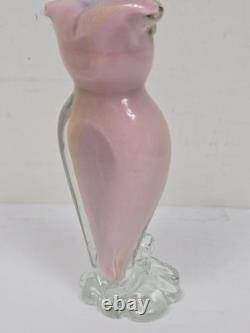 1950's Murano Hand Blown Art Glass OWL Figurine Pink w Gold Specks Green Eyes 6