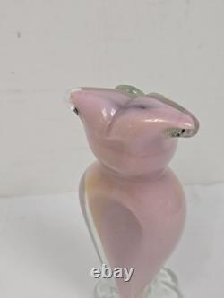 1950's Murano Hand Blown Art Glass OWL Figurine Pink w Gold Specks Green Eyes 6