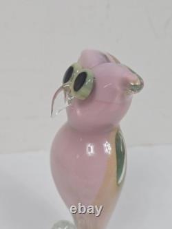 1950's Murano Hand Blown Art Glass OWL Figurine Pink w Gold Specks Green Eyes 6