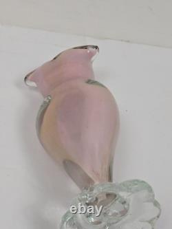 1950's Murano Hand Blown Art Glass OWL Figurine Pink w Gold Specks Green Eyes 6