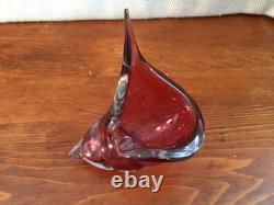 1950s Alfredo Barbini Murano Italy Art Glass Pink Cranberry Conch Shell Bowl