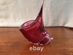 1950s Alfredo Barbini Murano Italy Art Glass Pink Cranberry Conch Shell Bowl