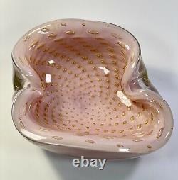 1950s Mid Century Alfredo Barbini Murano Italy Quilted Gold Bullicante Pink Bowl
