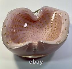 1950s Mid Century Alfredo Barbini Murano Italy Quilted Gold Bullicante Pink Bowl